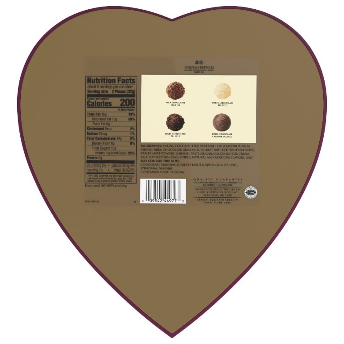 Heart-shaped label with nutritional facts and ingredients on a dark background