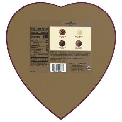 Heart-shaped label with nutritional facts and ingredients on a dark background