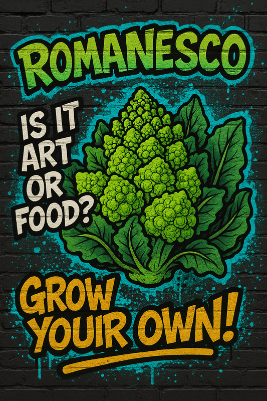 Graffiti of romanesco broccoli with text questioning whether it is art or food, and encouraging to grow your own.