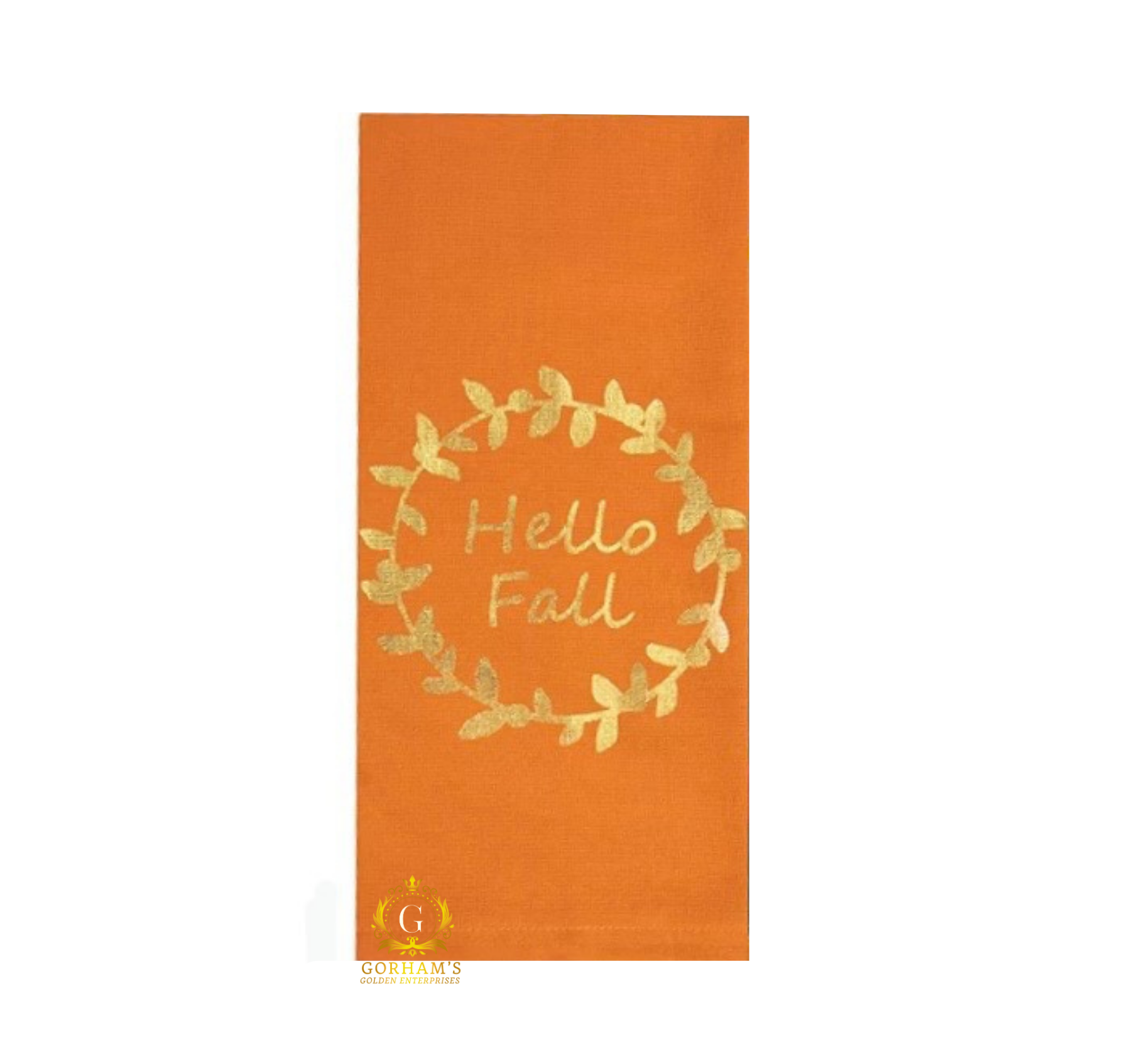 Orange towel with 'Hello Fall' text and leaf design on a white background