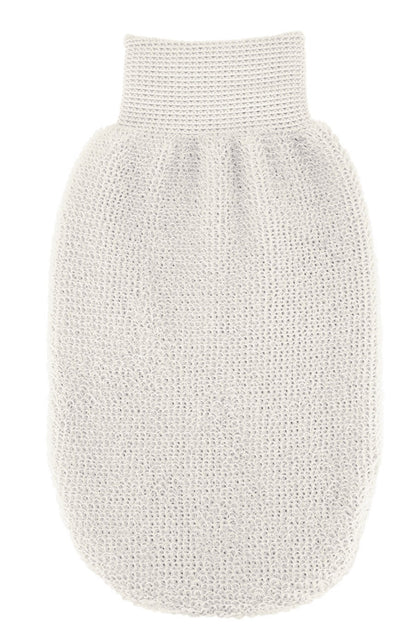 Textured white bath glove on a white background